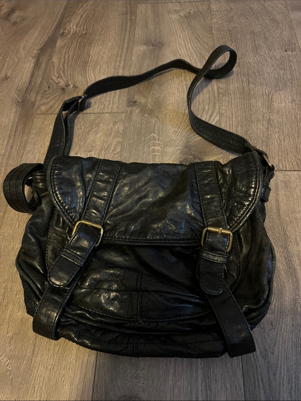 Vintage Black Leather Crossbody Satchel - Unbranded